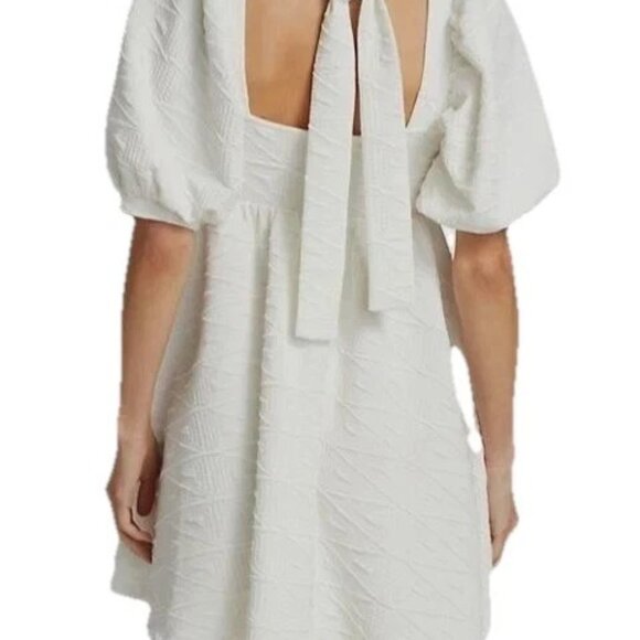 FREE PEOPLE White Square Neckline Tie Back Puff Sleeve "Violet" Minidress Sz L - Picture 5 of 13